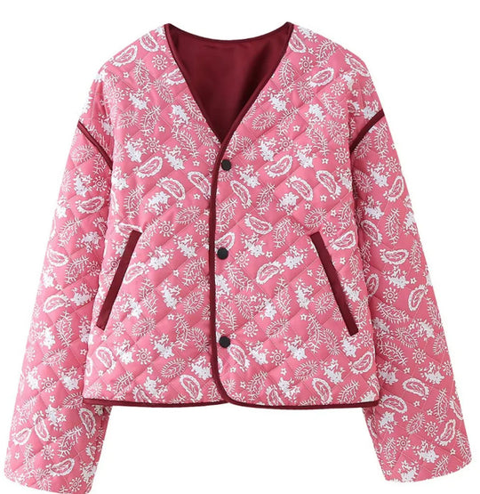 Damen Gesteppte kurz geschnittene Steppjacke mit V‑Ausschnitt und floraler Paisley‑Optik Nord Taschen