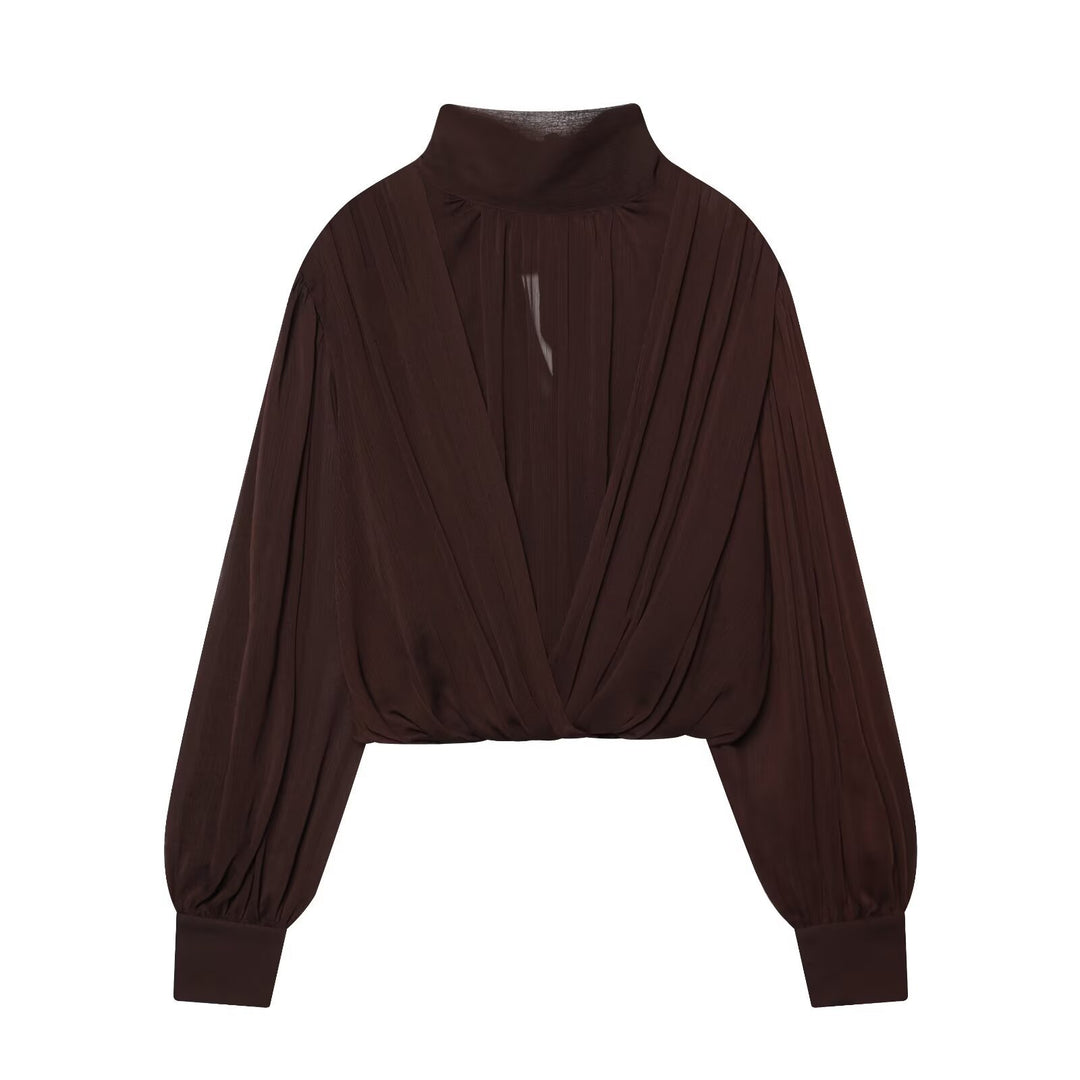 Damen Kurzgeschnittene Wickelbluse mit Stehkragen und voluminösen Ballonärmeln Nord Taschen