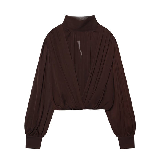 Damen Kurzgeschnittene Wickelbluse mit Stehkragen und voluminösen Ballonärmeln Nord Taschen