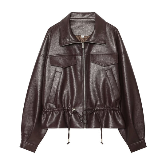 Damen Kurzblouson aus geprägtem Kunstleder mit Tunnelzug‑Taillierung und Pattentaschen Nord Taschen