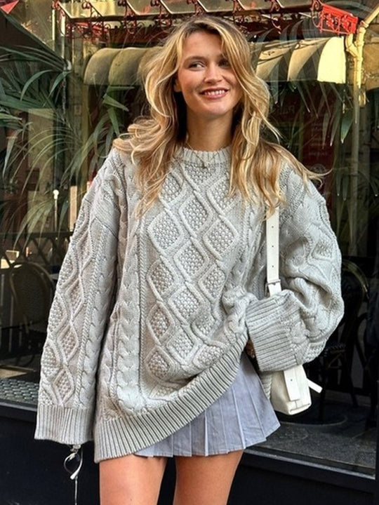 Damen Oversize Strickpullover mit Zopfmuster und Rippbündchen Nord Taschen