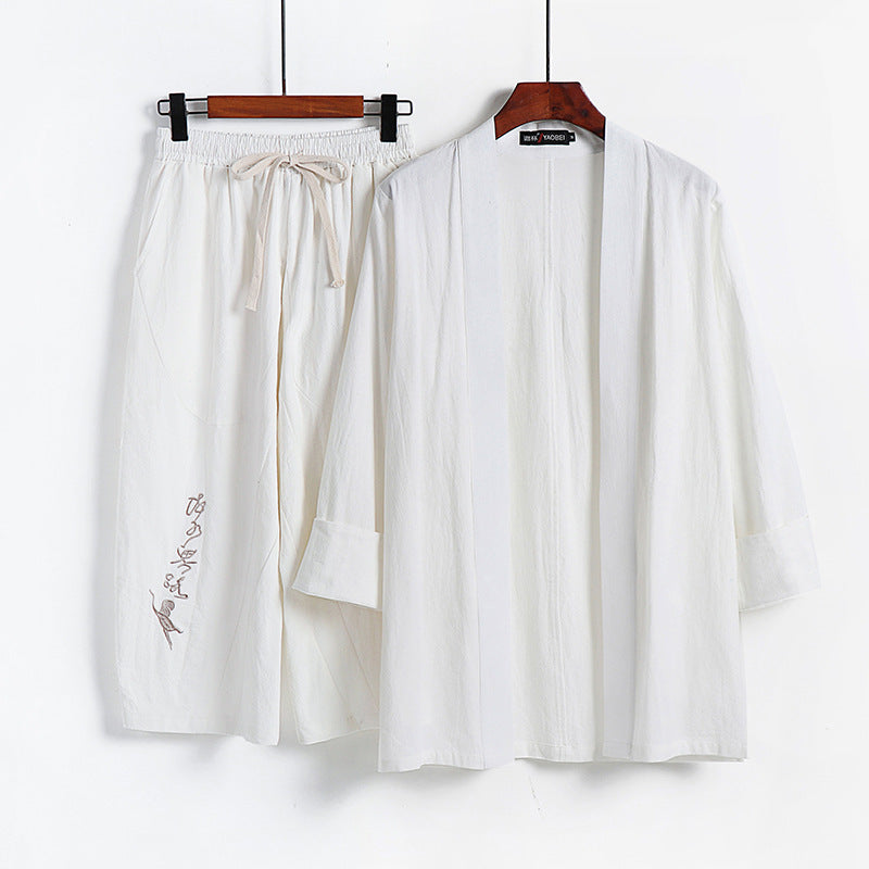 Damen Kimono-Set aus leichter Baumwollmischung offene Jacke mit lässig gekrempelten Ärmeln und weiter Haremshose mit Kordelzug Nord Taschen