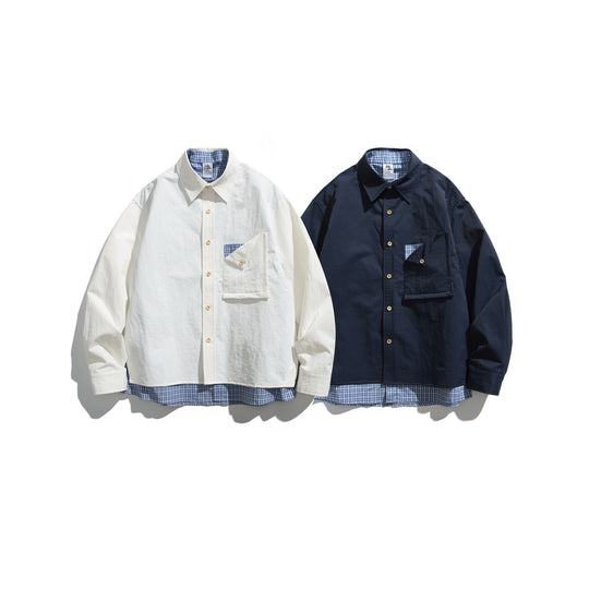 Herren Boxy-Overshirt im Layer-Look mit kariertem Innenfutter, Brusttasche und Holzknöpfen Nord Taschen