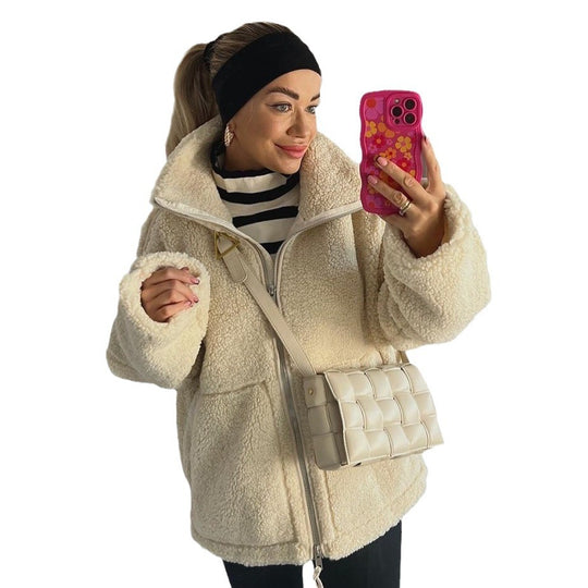 Damen Oversize Teddy-Fleece Jacke mit Reißverschluss und Stehkragen Nord Taschen