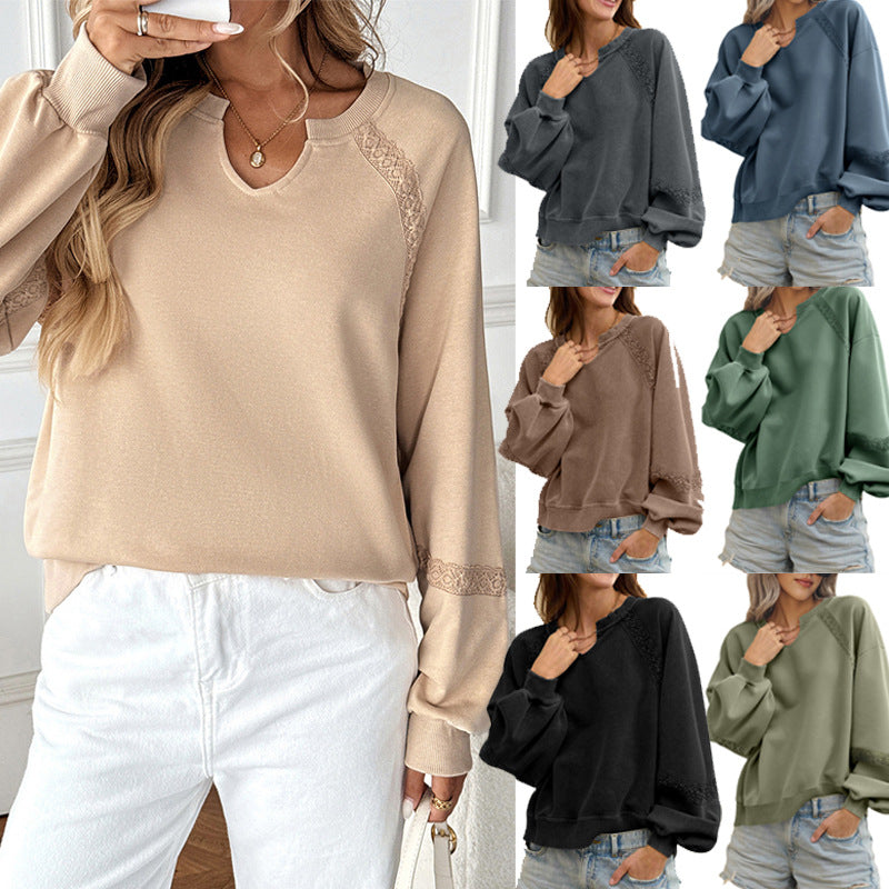 Damen Sweatshirt mit Spitzen-Einsätzen, V‑Kerbe und Ballonärmeln Nord Taschen