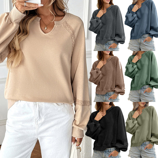 Damen Sweatshirt mit Spitzen-Einsätzen, V‑Kerbe und Ballonärmeln Nord Taschen
