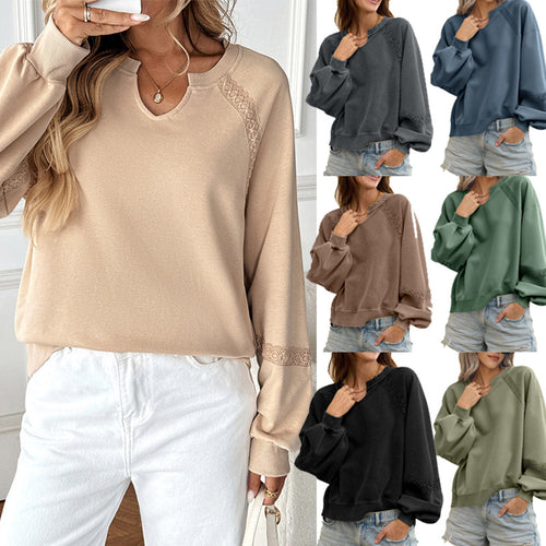 Damen Sweatshirt mit Spitzen-Einsätzen, V‑Kerbe und Ballonärmeln Nord Taschen