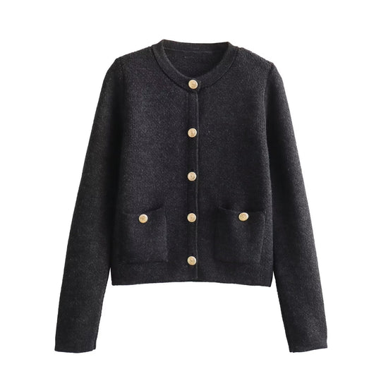 Damen Kurzgeschnittener Bouclé-Cardigan mit Rundhals, Pattentaschen und Münzknöpfen Nord Taschen