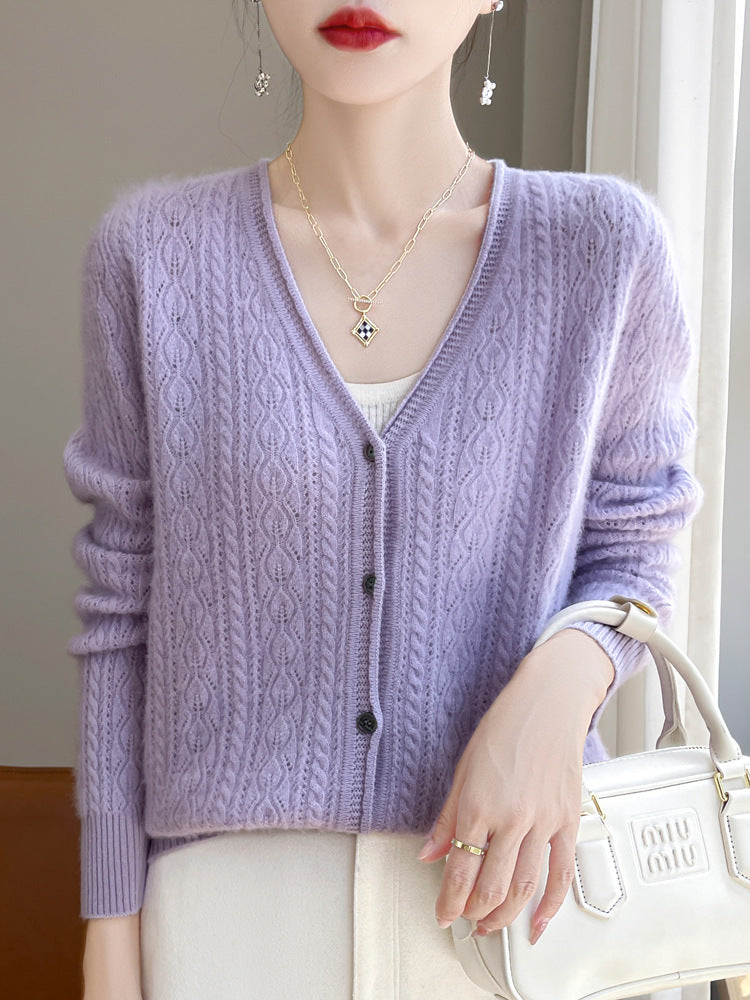 Damen Kurzer Zopfmuster-Cardigan im Mohair-Look mit V‑Ausschnitt und gerippten Bündchen Nord Taschen