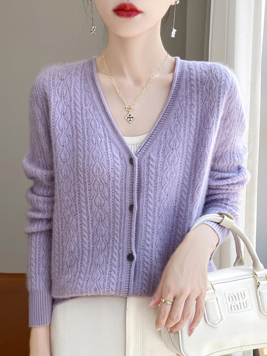 Damen Kurzer Zopfmuster-Cardigan im Mohair-Look mit V‑Ausschnitt und gerippten Bündchen Nord Taschen