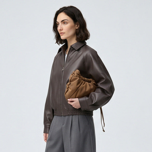 Damen Boxy-Cropped Kunstlederjacke mit verdecktem Reißverschluss und elastischem Saum Nord Taschen