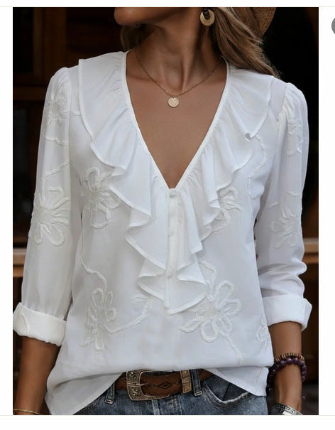 Damen elegante Bluse mit Volant und floralem Stickmuster