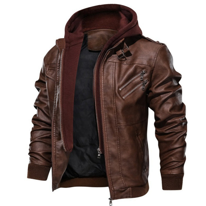 Herren  Kunstleder-Bikerjacke mit abnehmbarer Kapuze, Stehkragen, Schulterpatten und mehrfachen Reißverschlusstaschen Nord Taschen