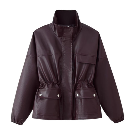Damen Kunstleder-Parka mit Stehkragen, Taillenzug und aufgesetzten Klappentaschen Nord Taschen