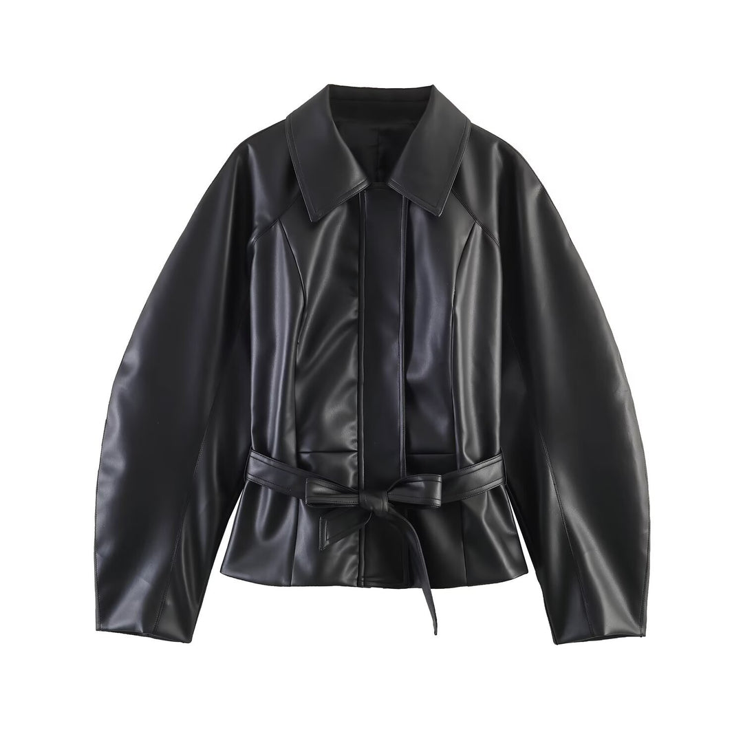 Damen Taillierte Veganleder‑Wickeljacke mit Tunnelzuggürtel und Oversize‑Ärmeln Nord Taschen