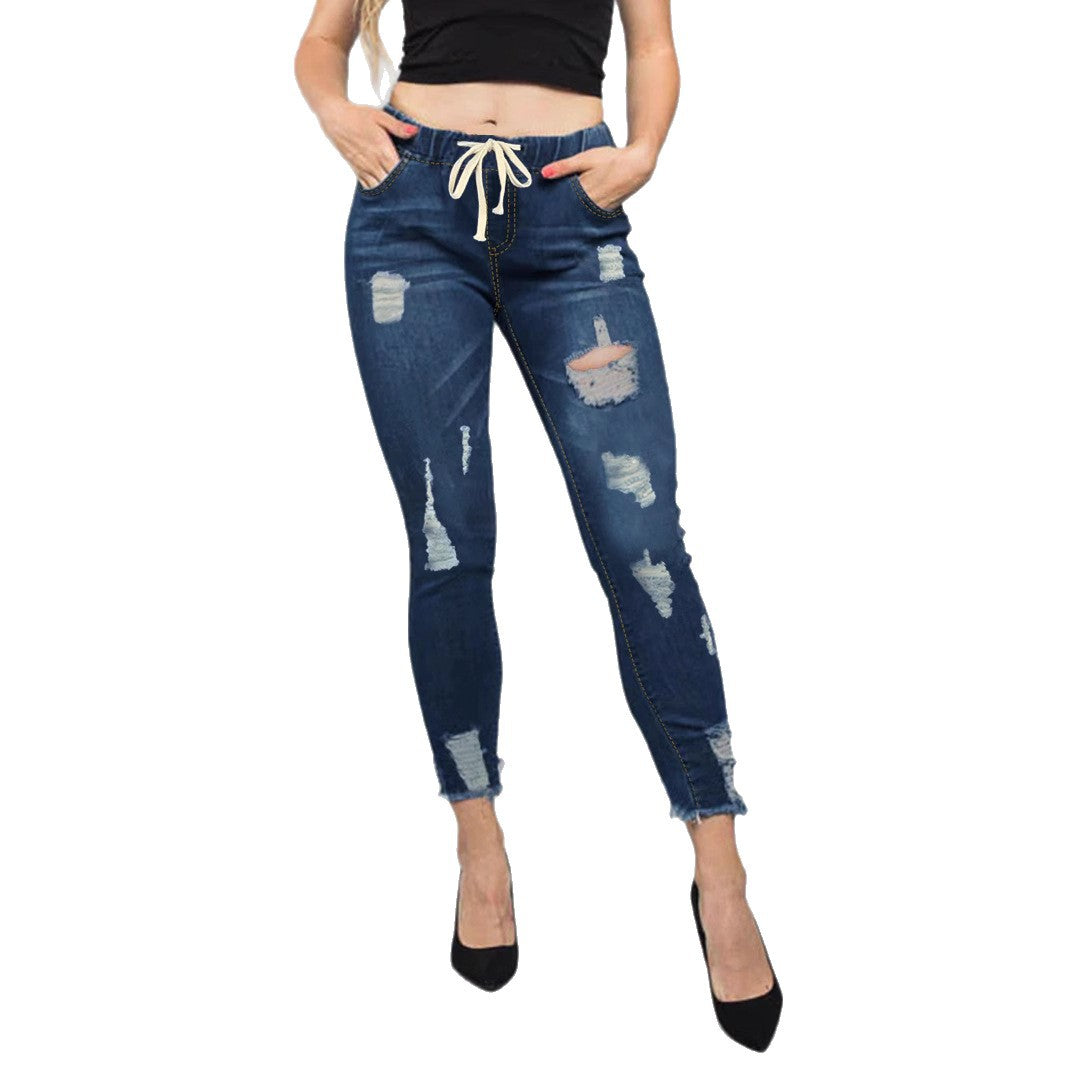 Damen Hochtaillierte Destroyed-Jogger-Jeans mit elastischem Tunnelzugbund und gekürztem Fransen-Saum Nord Taschen