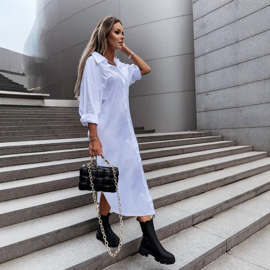 Damen Langes Oversize-Hemdblusenkleid mit durchgehender Knopfleiste, umgeschlagenen Ärmeln und tiefem Seitenschlitz Nord Taschen