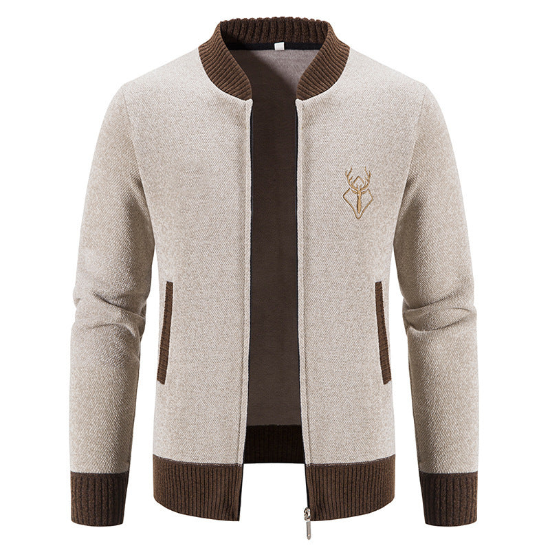 Herren lässiger Zip-Strickblouson mit weichem Thermofutter, geripptem Stehkragen und Hirsch-Logo Nord Taschen