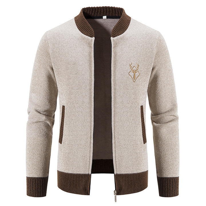 Herren lässiger Zip-Strickblouson mit weichem Thermofutter, geripptem Stehkragen und Hirsch-Logo Nord Taschen