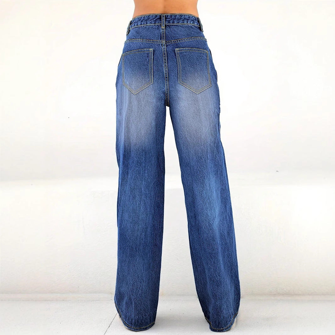 Damen High-Waist Wide-Leg-Jeanshose mit großflächigem Herz-Print Nord Taschen