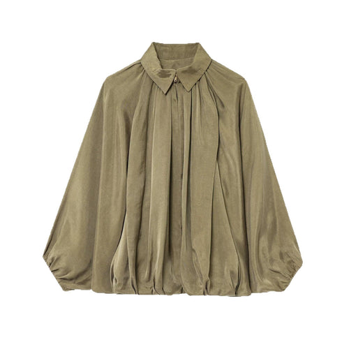 Damen Weite plissierte Cape-Bluse mit Stehkragen und verdecktem Reißverschluss Nord Taschen