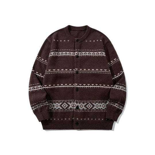 Unisex Strukturierte Jacquard-Strickjacke mit Rundhalsausschnitt, Oversize-Passform und Knopfleiste Nord Taschen
