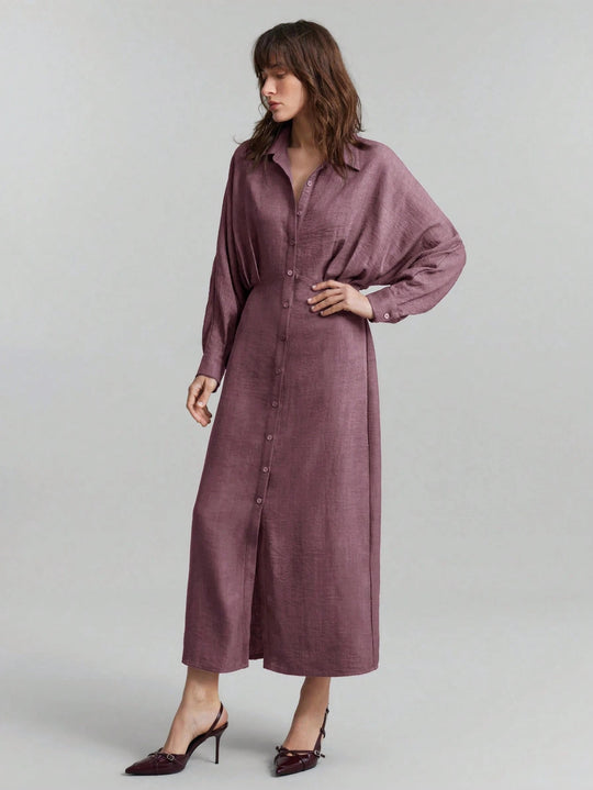 Damen Leinen-Maxikleid mit Hemdkragen, durchgehender Knopfleiste und Fledermausärmeln Nord Taschen