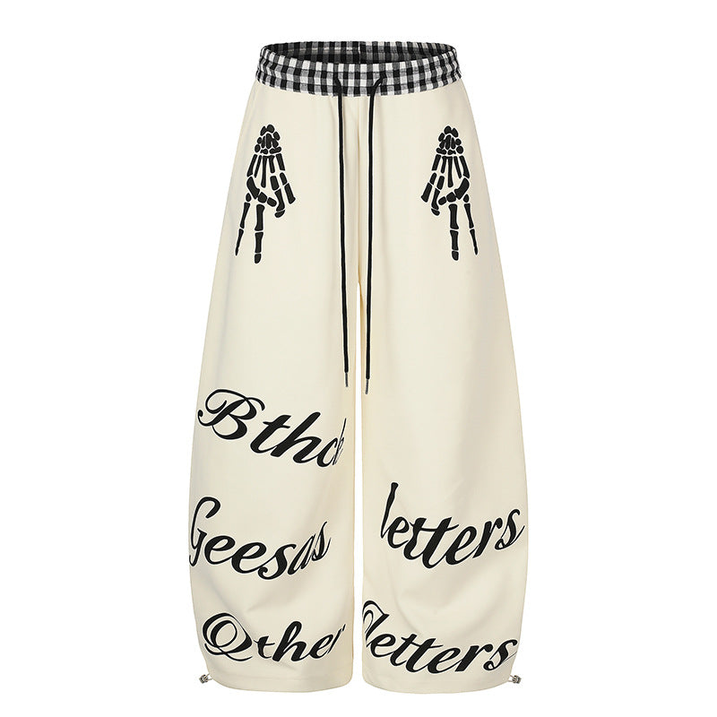 Damen Extraweite Palazzo-Sweathose mit Karo-Komfortbund, Tunnelzug und Skelett-Print Nord Taschen