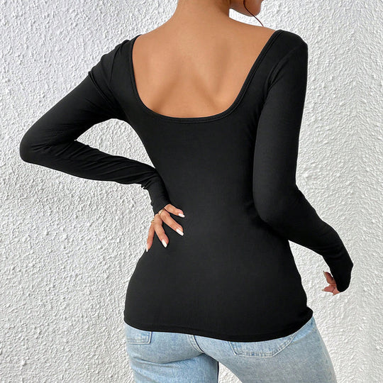 Damen Tailliertes Rippshirt mit quadratischem Dekolleté und Überlappungsdetail Nord Taschen