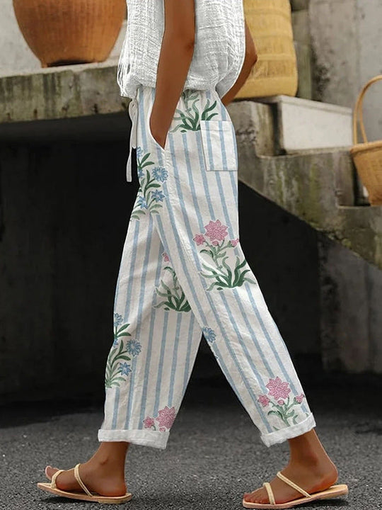 Damen Weite Leinenhose mit handgewNord Taschentem Muster