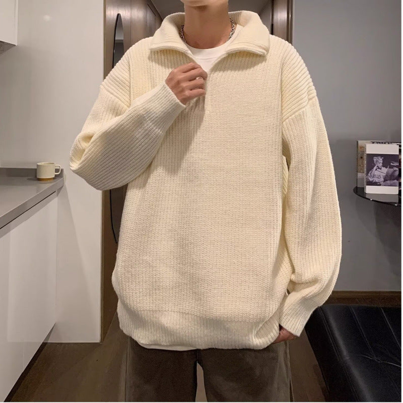 Herren Weicher Oversize-Rippenstrick-Pullover mit verdecktem Halbzip und Polokragen Nord Taschen