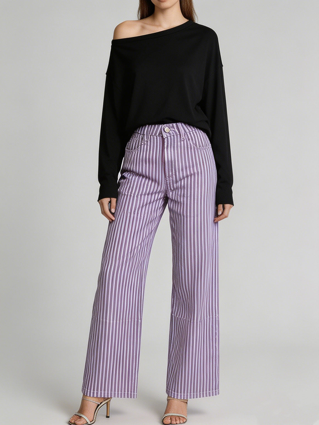 Damen weite High-Waist Palazzohose mit vertikalen Streifenoptik und abgesteppten Kniepartien Nord Taschen