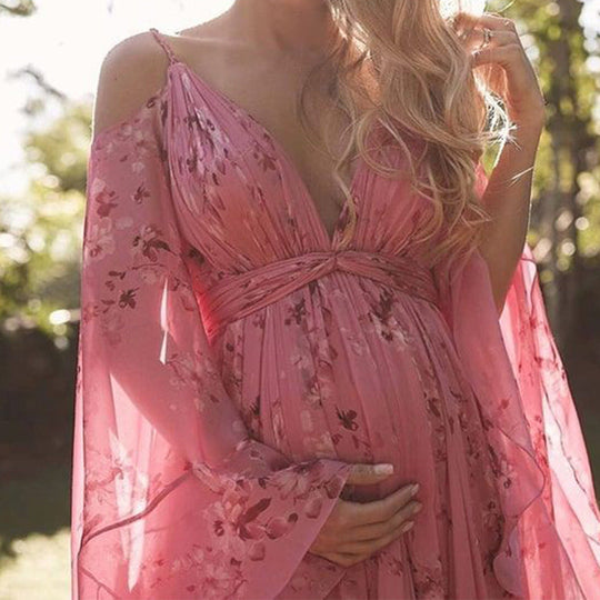 Damen Luftiges Maxi-Kleid mit floralen Akzenten und schwingenden Ärmeln