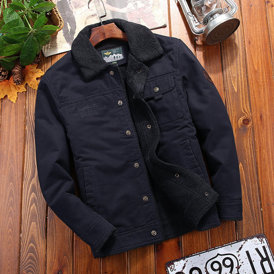 Herren Sherpa-gefütterte Canvas-Truckerjacke mit Hemdkragen und Pattentaschen Nord Taschen
