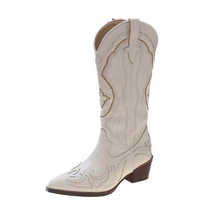 Damen Kniehohe Western‑Cowboy‑Stiefel mit filigraner Stickerei und konischem Blockabsatz Nord Taschen