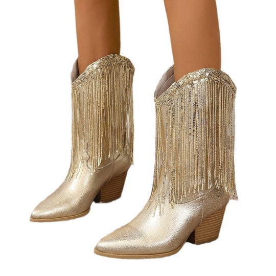 Damen nan kniehohe Fransen-Cowboystiefel mit feiner Perlenfransen-Verzierung und geformtem Blockabsatz Nord Taschen