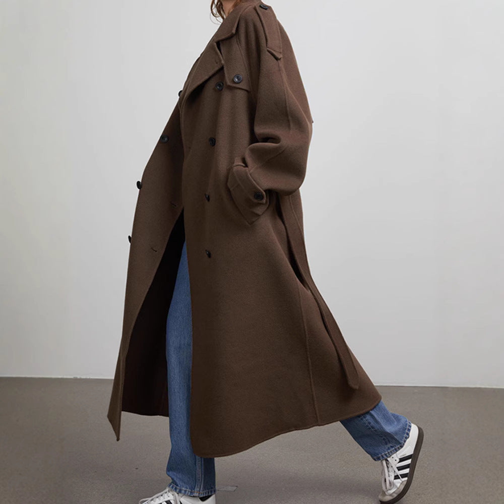 Damen Oversize Wollmantel mit breitem Reverskragen und Taillengürtel Nord Taschen