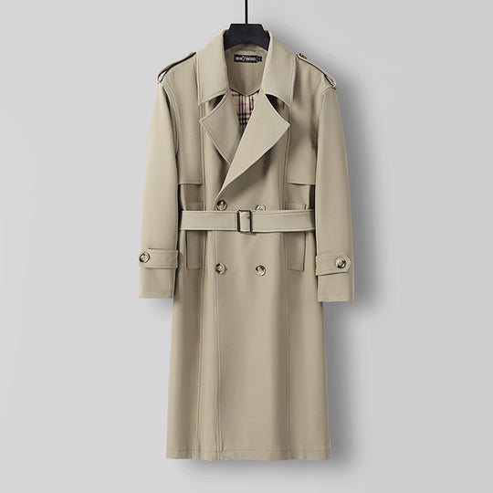 Herren Midilanger Doppelreihiger Trenchcoat mit Taillengürtel, abgefalcetem Revers und kariertem Innenfutter Nord Taschen