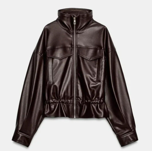 Damen Cropped Kunstleder‑Blouson mit Stehkragen, Pattentaschen und Tunnelzugtaillierung Nord Taschen