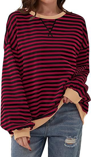 Damen Gestreifter Oversize Pullover mit Kontrastbündchen Nord Taschen