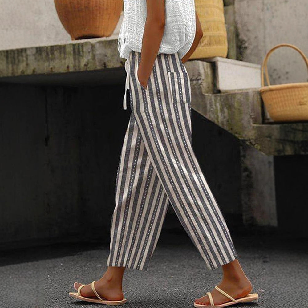 Damen Weite Leinenhose mit handgewNord Taschentem Muster