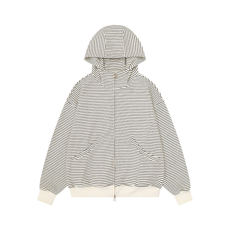 Unisex Gestreifte Kapuzen-Sweatjacke mit Reißverschluss und Kängurutaschen Nord Taschen