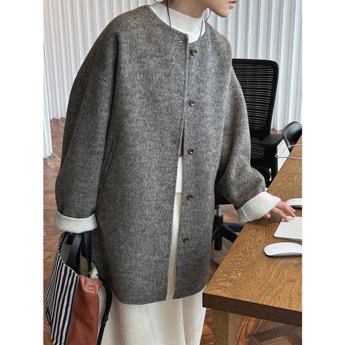 Damen Oversized Wollmix-Mantel mit Knopfleiste und umschlagbaren Teddy-Bündchen Nord Taschen