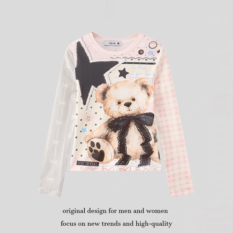 Damen Langarmshirt mit verspieltem Teddybär-Print, Mixed-Muster und Spitzenband Nord Taschen