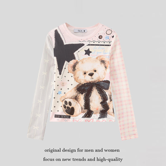 Damen Langarmshirt mit verspieltem Teddybär-Print, Mixed-Muster und Spitzenband Nord Taschen