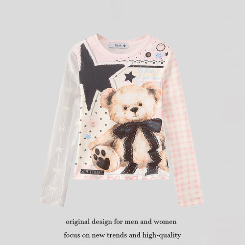 Damen Langarmshirt mit verspieltem Teddybär-Print, Mixed-Muster und Spitzenband Nord Taschen