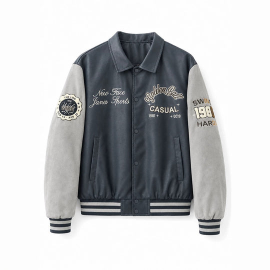 Herren Varsity-Bomberjacke im College-Stil mit Kunstleder-Körper, Veloursleder-Optikärmeln und bestickten Patches Nord Taschen