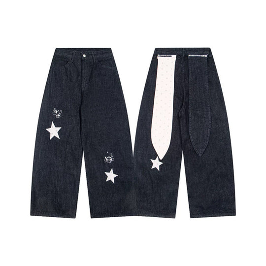 Damen Weite Denim-Palazzo-Jeans mit hohem Bund, Stern-Applikationen und Illustrativen Patches Nord Taschen