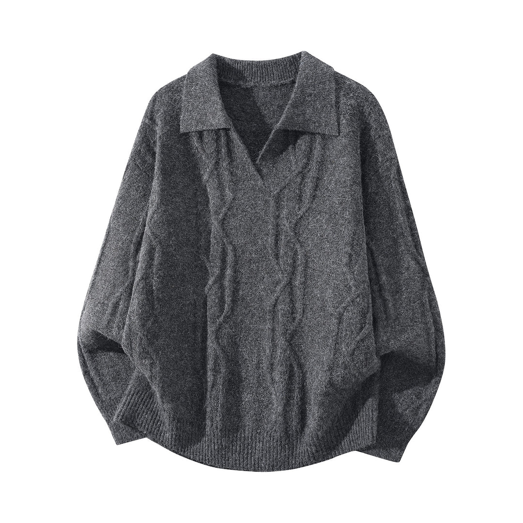 Damen Oversize Mohair‑Optik Zopfstrickpullover mit Polokragen und V‑Ausschnitt Nord Taschen