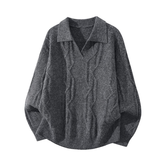 Damen Oversize Mohair‑Optik Zopfstrickpullover mit Polokragen und V‑Ausschnitt Nord Taschen